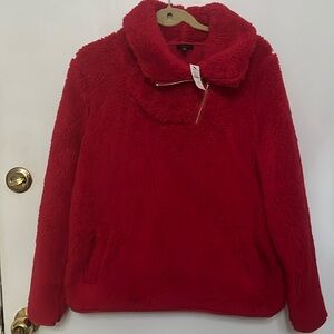 Talbots Red Fleece sweater with asymmetrical zip collar. Medium. NWT